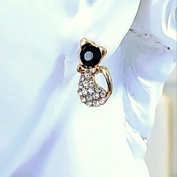 ONYX AND CZ GOLDTONE CAT EARRINGS - Picture 1 of 6